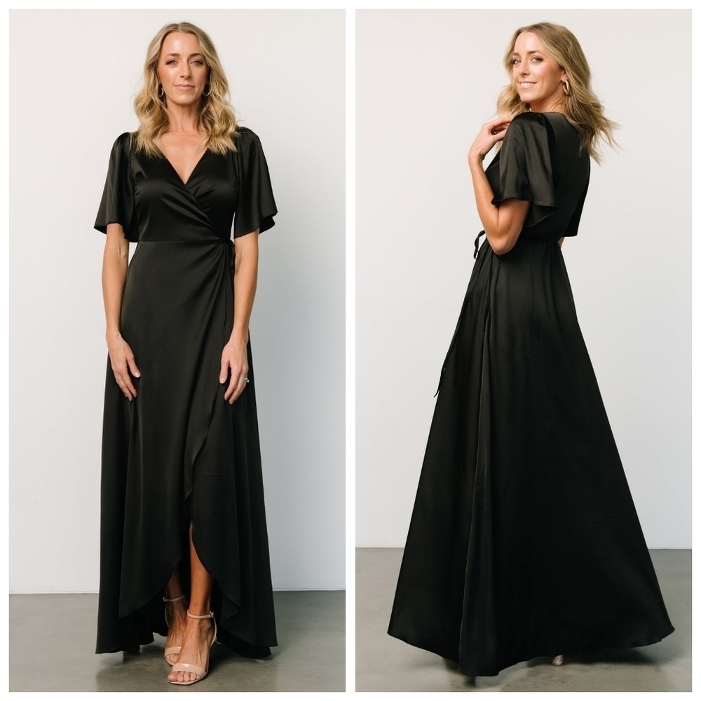 Baltic Born Vara Black Satin Maxi Wrap Dress